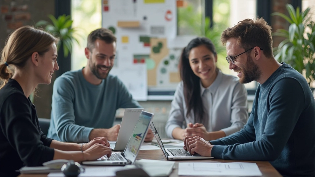 Creatief webdesign en branding team aan het werk met laptops en design tools in modern kantoor