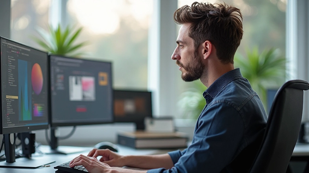 Designer met design tools en SEO metrics op scherm, moderne werkplek met ergonomische setup