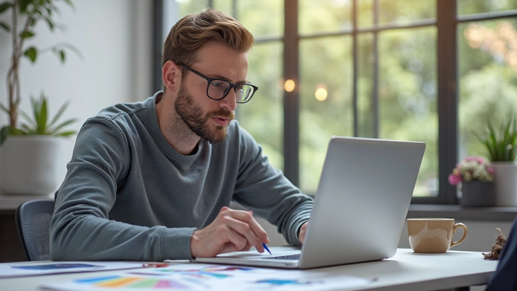 Ontwerper aan het werk met laptop en creatieve schetsen op een modern bureau met monitor en designtools