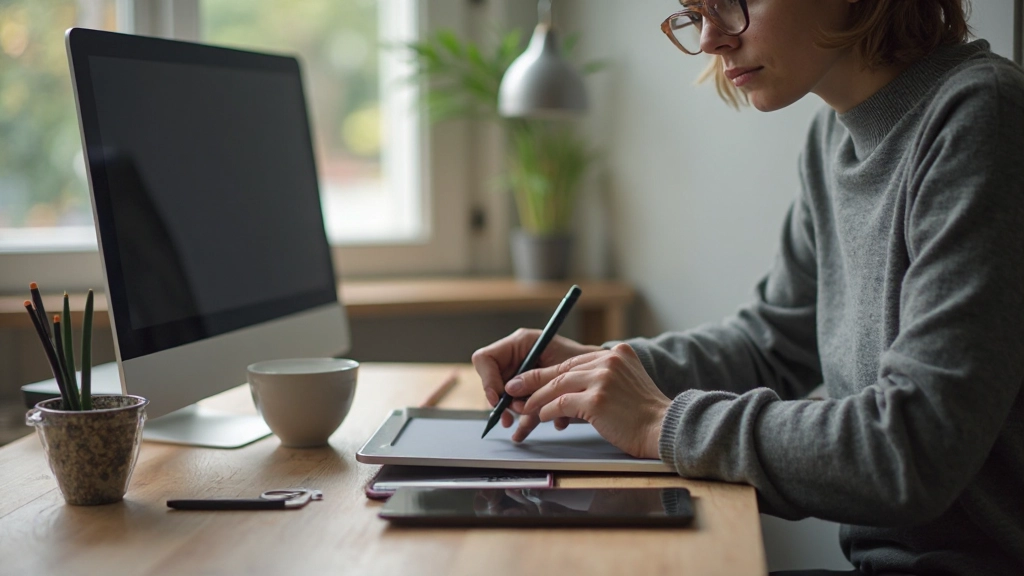 Designer aan het werk op tablet met design software in creatieve workspace met plant en kopje koffie