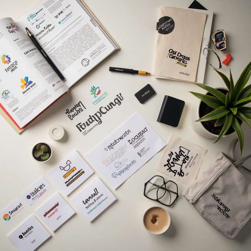 Branding elementen inclusief logo varianten, iconen en grafische elementen voor visuele identiteit