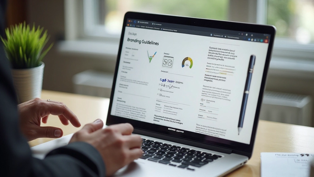 Branding guidelines document getoond op scherm met gedetailleerde specificaties en voorbeelden