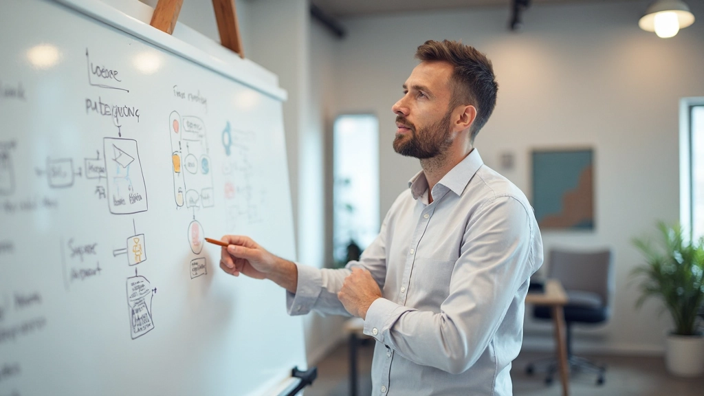 Team discussie over UX verbeteringen met whiteboard vol ideeën en gebruikersflow diagrammen