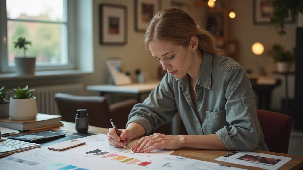Ontwerper werkt aan branding guidelines met kleurenstalen en typografische voorbeelden op het bureau