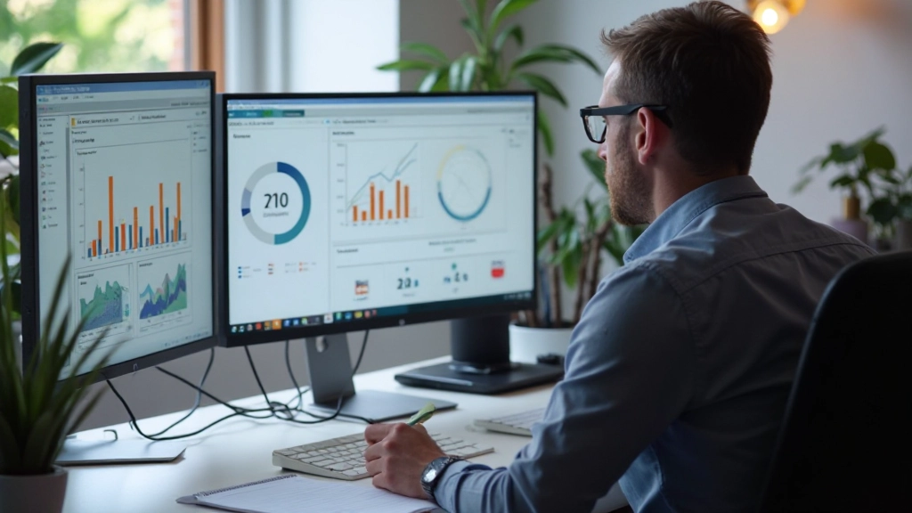 Ontwerper werkt aan SEO-geoptimaliseerde webdesign met meerdere schermen op het bureau