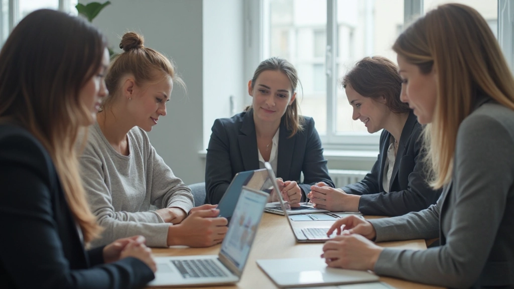 Professionele foto van realistische gemengde groep professionals in modern kantoor, zittend rond tafel met laptops en agenda's, samenwerking en focus, helder licht, onscherpe achtergrond, GEEN tekst, GEEN watermerken