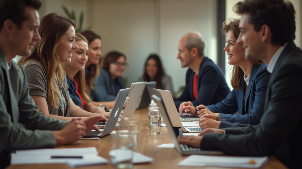 Diverse team in samenwerkingsruimte, laptops en notities zichtbaar, constructieve sfeer