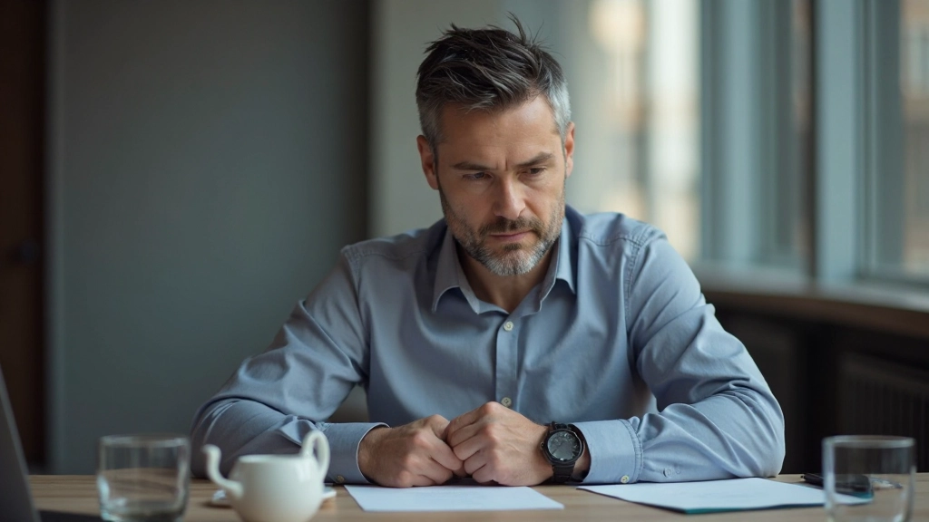 Man zit aan vergadertafel, kijkt onzeker naar beneden met ingetrokken schouders