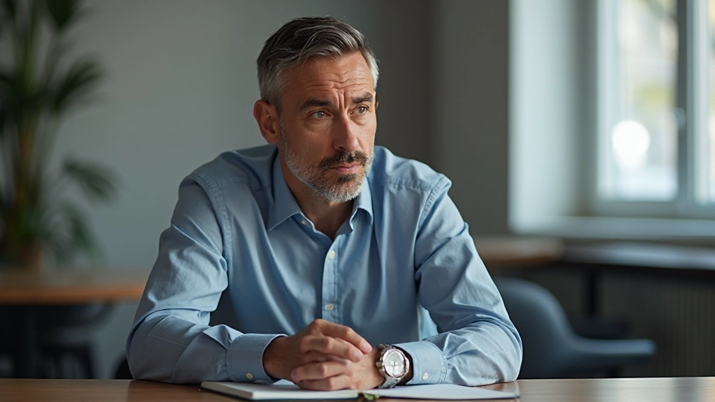 Professionele foto van realistische man van 40 jaar, volledig gekleed in business casual, zittend aan tafel met notitieboek en pen, concentreerde uitdrukking, moderne workspace, zacht licht, vervagde achtergrond, GEEN tekst, GEEN watermerken