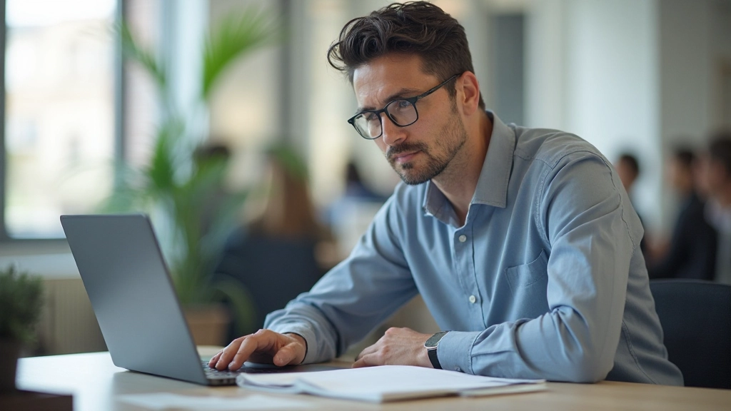 Professionele foto van realistische man van 40 jaar in business casual, zittend aan bureau met laptop en papieren agenda, gefocust aan het werk, helder kantoor, zacht licht, onscherpe achtergrond, GEEN tekst, GEEN watermerken