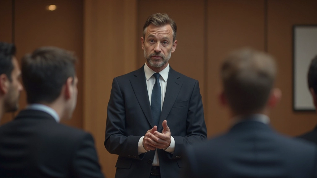 Zakenman staat in vergaderruimte en spreekt naar groep, rechtopstaande lichaamshouding, kalme gezichtsuitdrukking