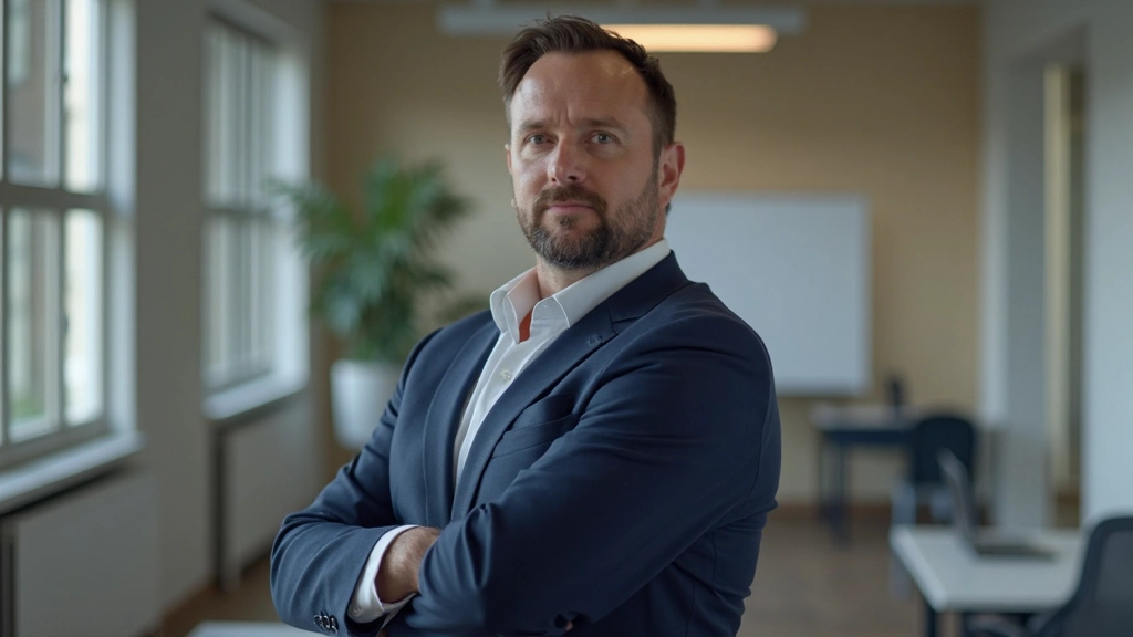 Professionele man van 40 jaar in donker zakelijk pak, staand in moderne werkruimte met notities in hand, zelfverzekerde houding met gekruiste armen, zachte verlichting, onscherpe achtergrond