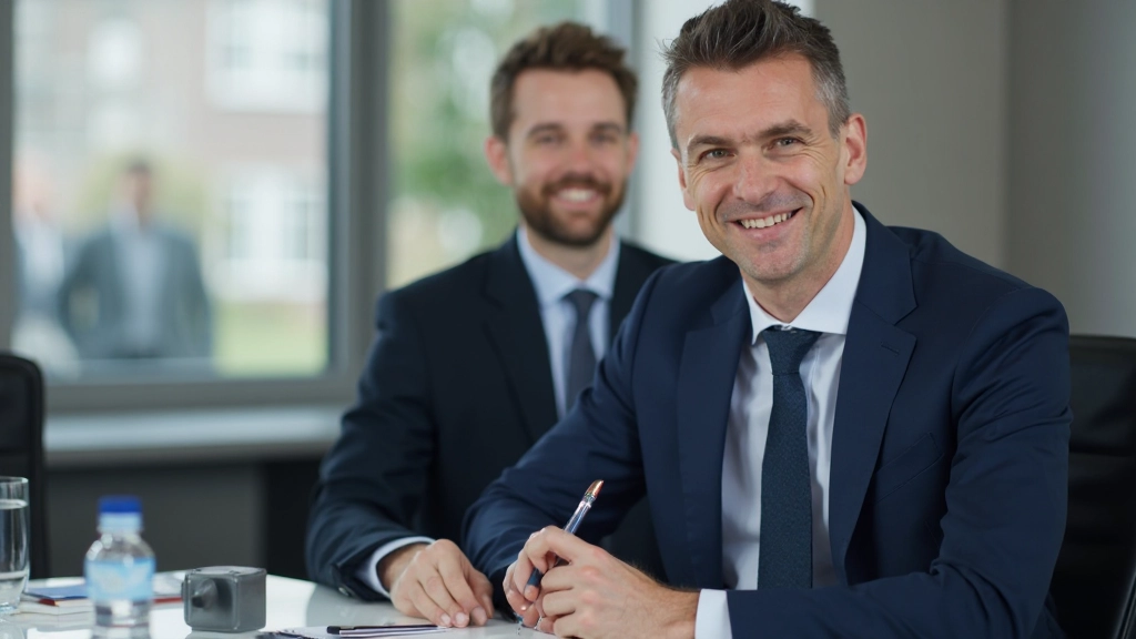 Zakenman in donker pak zittend aan tafel met pen in hand, zelfverzekerde houding