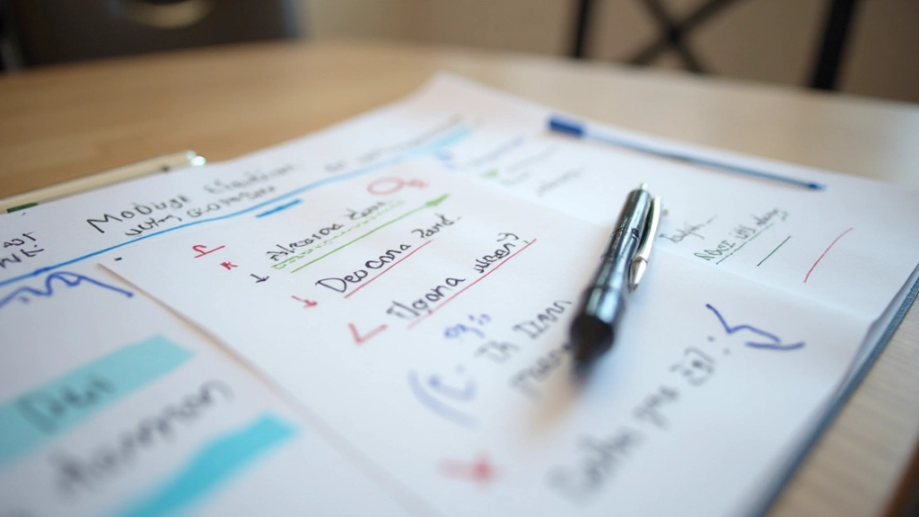 Aantekeningen op papier tijdens vergadering met pen en koffiekopje