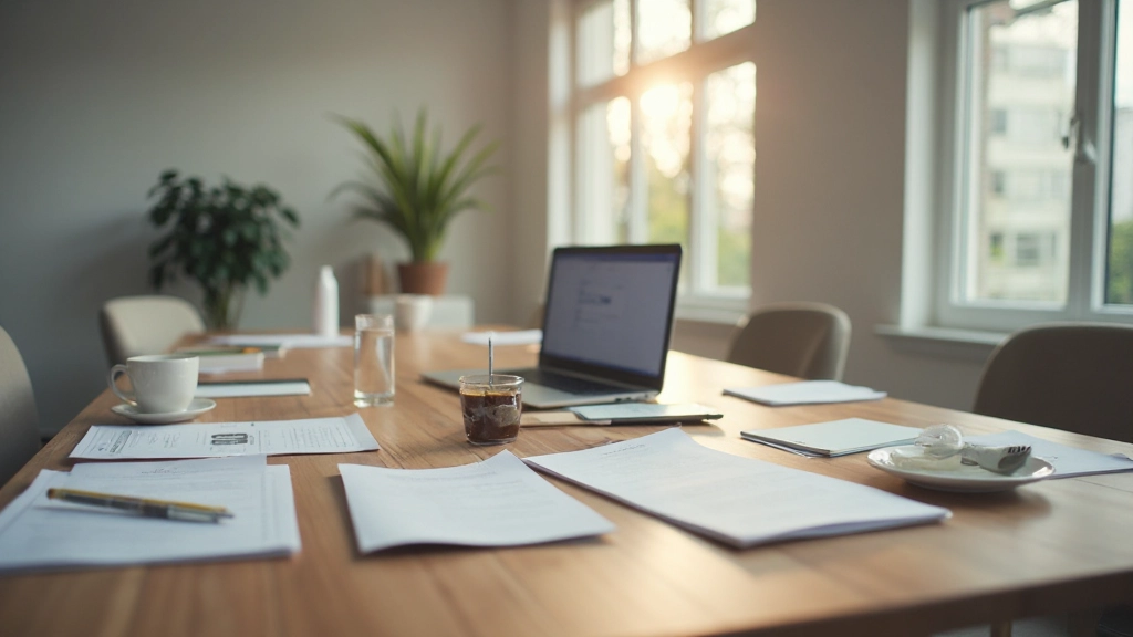 Professioneel kantoorinterieur met houten vergadertafel, laptop en notitieboeken onder natuurlijk licht