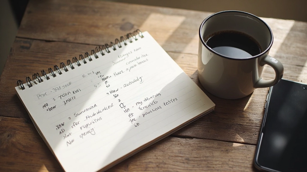 Open notitieboek met handgeschreven aantekeningen op een bureau naast koffie en telefoon
