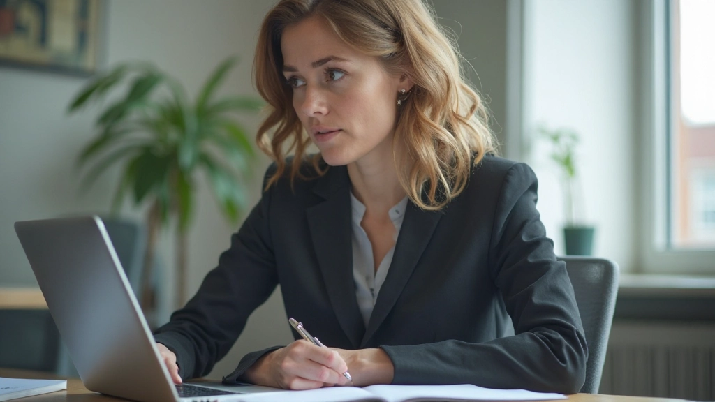 Professionele vrouw van 30 jaar aan bureau met open laptop en notitieboek, schrijvend met pen, gefocuste gezichtsuitdrukking, moderne kantooromgeving met natuurlijk licht