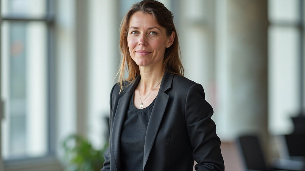 Vrouw oefent presentatievaardigheid in kantoor, staat rechtop en spreekt met zelfvertrouwen