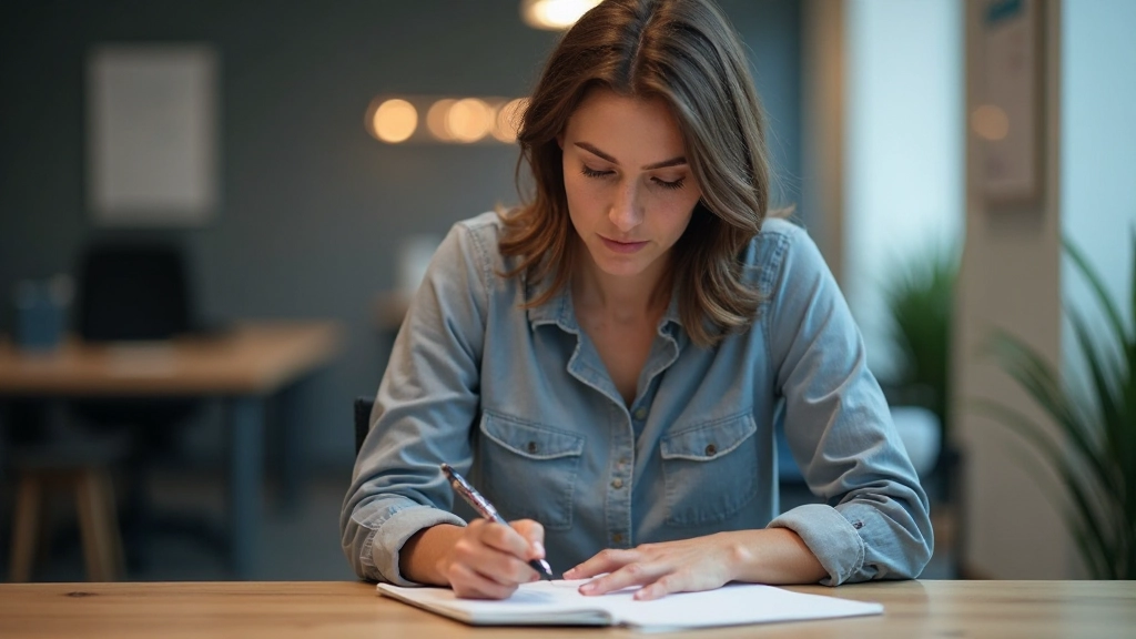 Professionele foto van realistische vrouw van 32 jaar, zittend aan bureau met notitieboek en stylus, concentrerend op digitaal schrijven, moderne werkruimte, kunstmatig licht, onscherpe achtergrond, GEEN tekst, GEEN watermerken