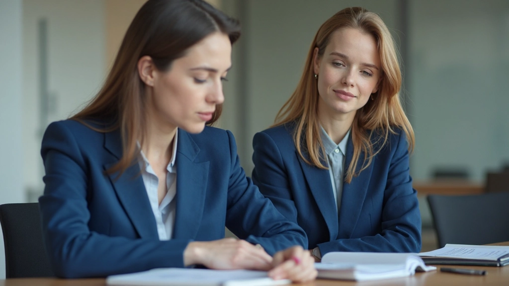 Professionele vrouw van 35 jaar in blauwe blazer zittend aan bureau met notitieboek en pen, gefocuste uitdrukking, moderne kantoor omgeving met natuurlijk licht en onscherpe achtergrond