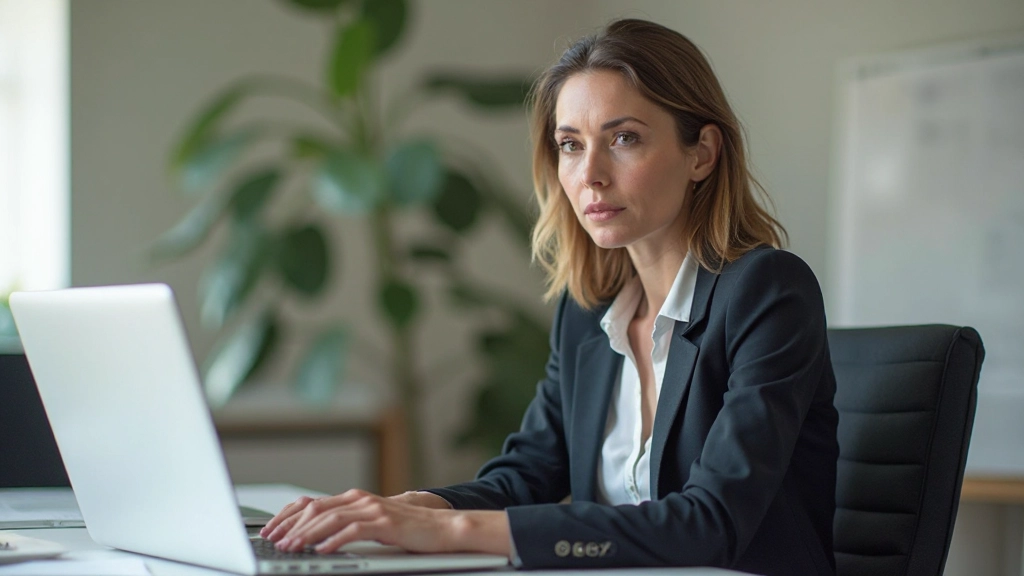 Professionele foto van realistische vrouw van 35 jaar, volledig gekleed in moderne kantoorkleding, zittend aan bureau met laptop, aandachtige blik, helder kantoor, natuurlijk licht, vervagde achtergrond, GEEN tekst, GEEN watermerken