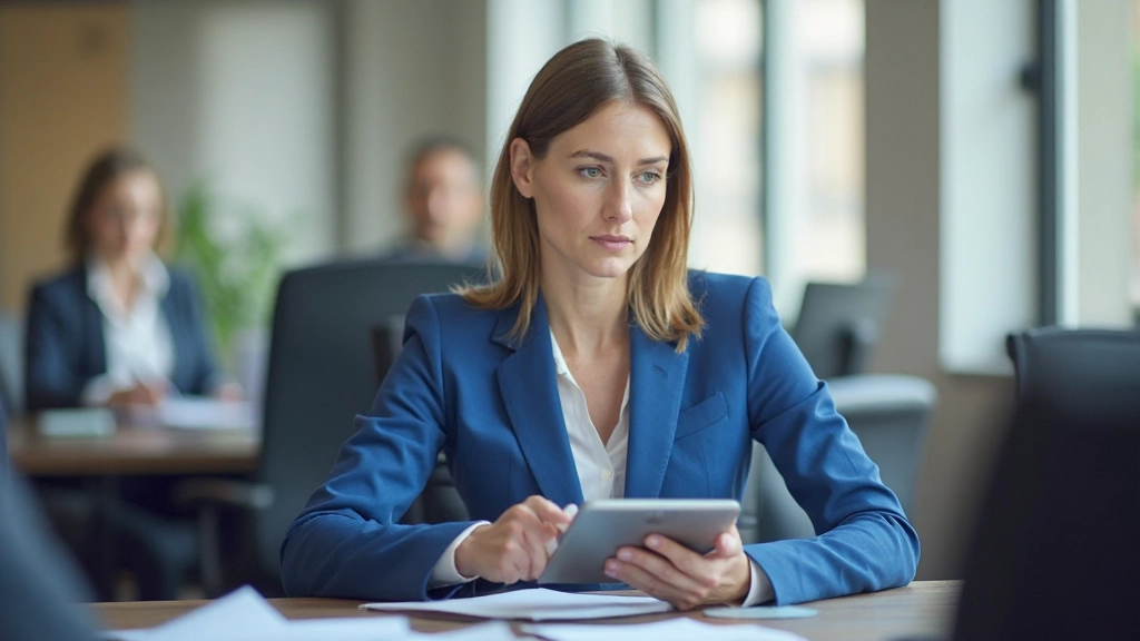 Vrouwelijke professional in blauwe blazer zittend met tablet en notities, concentratievolle blik
