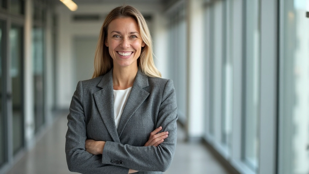 Professionele foto van realistische vrouw van 38 jaar, volledig gekleed in grijs kostuum, staande met zelfvertrouwen in modern kantoor, glimlachend, helder daglicht door ramen, vervagde achtergrond, GEEN tekst, GEEN watermerken