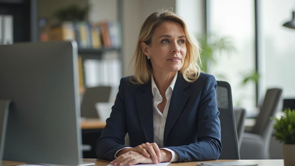 Zakenvrou in videocall, zit rechtop aan bureau met zelfverzekerde uitdrukking